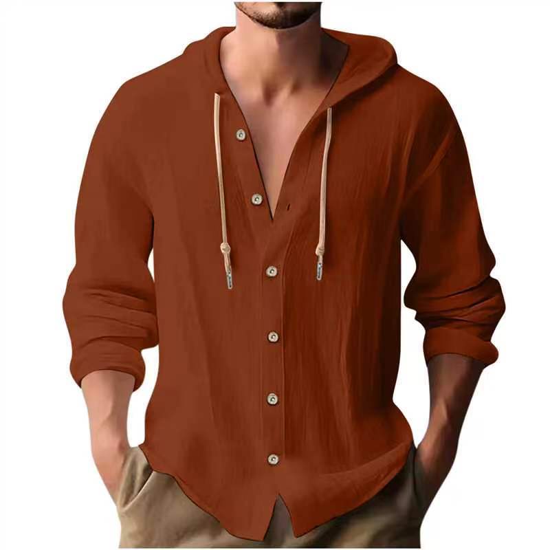 Men's casual hoodie blouse with button placket and side drawstring Lisslune