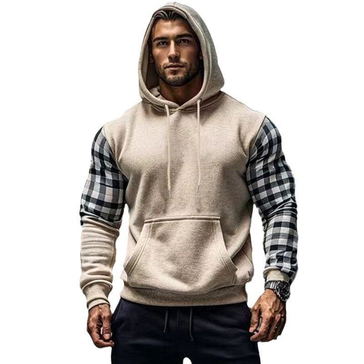 Men's hoodie with stylish checkered pattern on the sleeves and practical kangaroo pocket Lisslune
