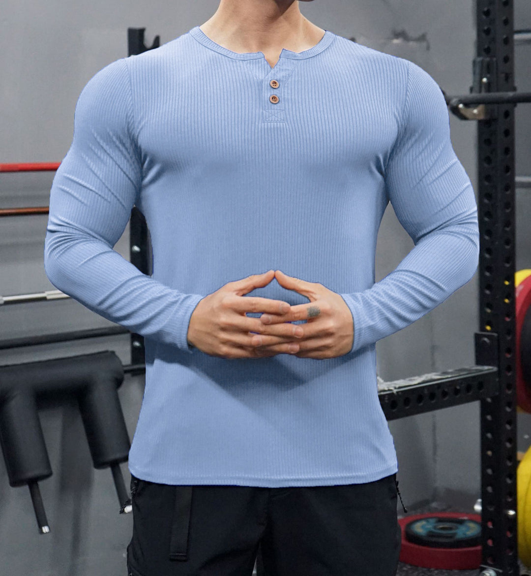 Men's Long Sleeve Henley Shirt with Textured Rib Design Lisslune