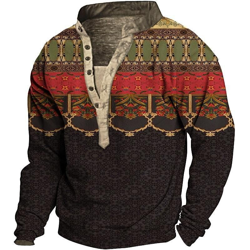 Men's fleece pullover with unique ethnic pattern and practical button details Lisslune