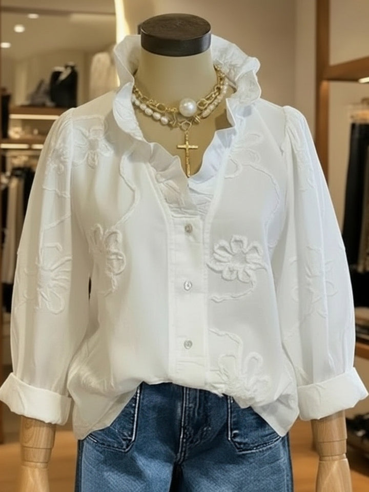 Damen elegante Bluse mit floralen Stickereien und voluminösen Ärmeln Lisslune