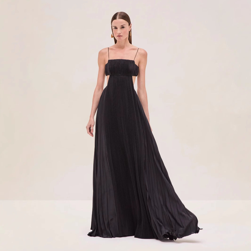 Women's maxi dress with elegant pleated details and thin spaghetti straps