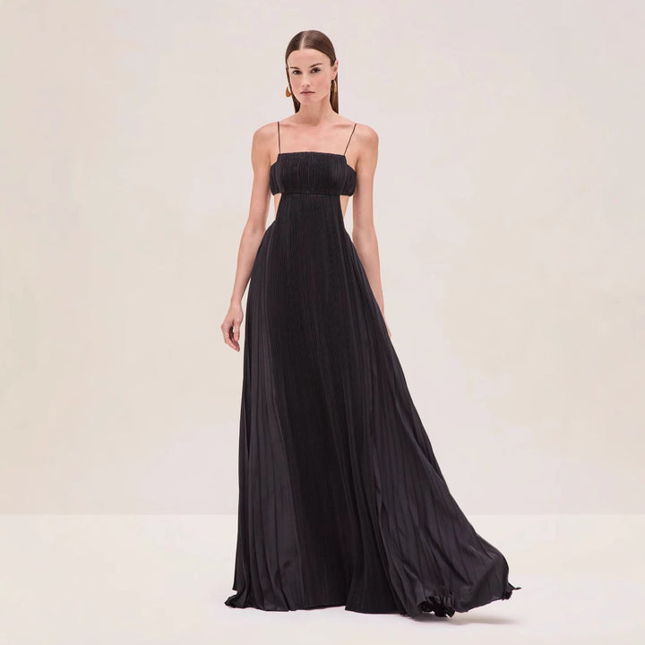 Women's maxi dress with elegant pleated details and thin spaghetti straps