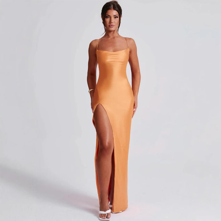 Women's Elegant Maxi Dress with High Slit and Slim Strap Design