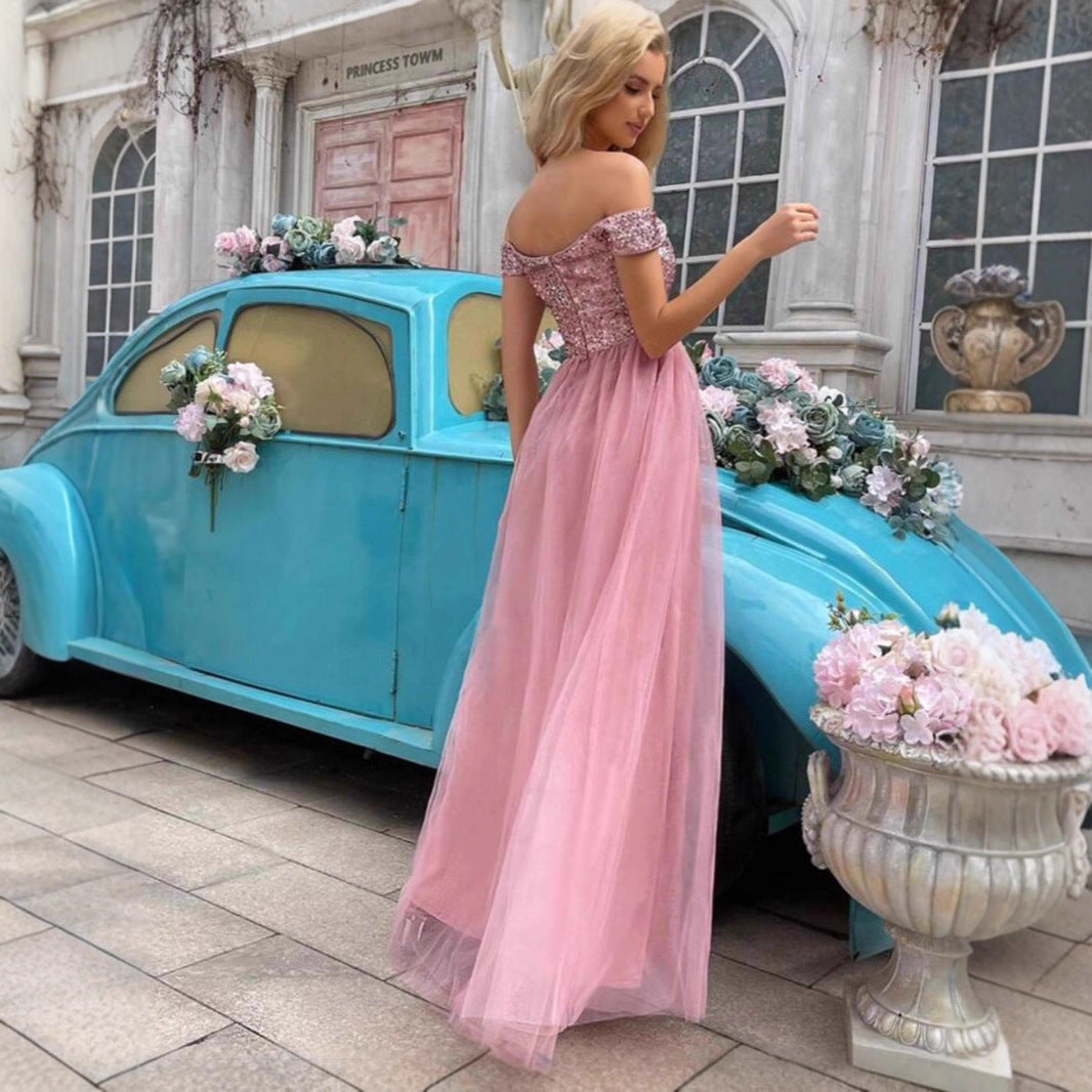 Women's Elegant Evening Dress with Off-Shoulder Look and Sparkling Embellishments