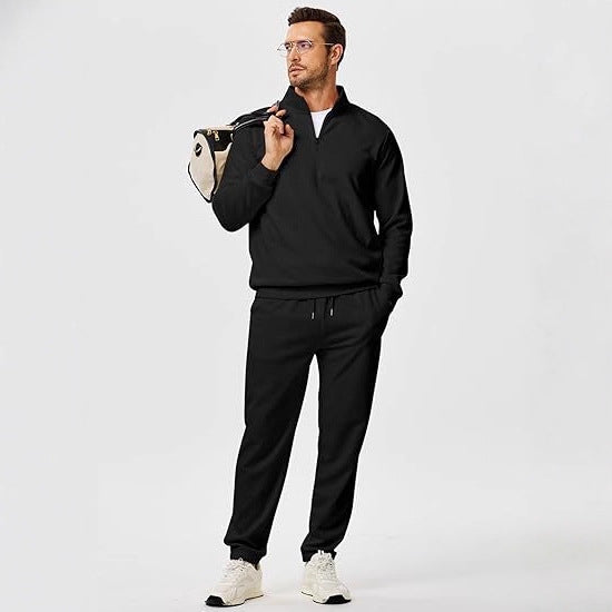 Men's leisure suit with modern stand-up collar and practical zipper pockets Lisslune