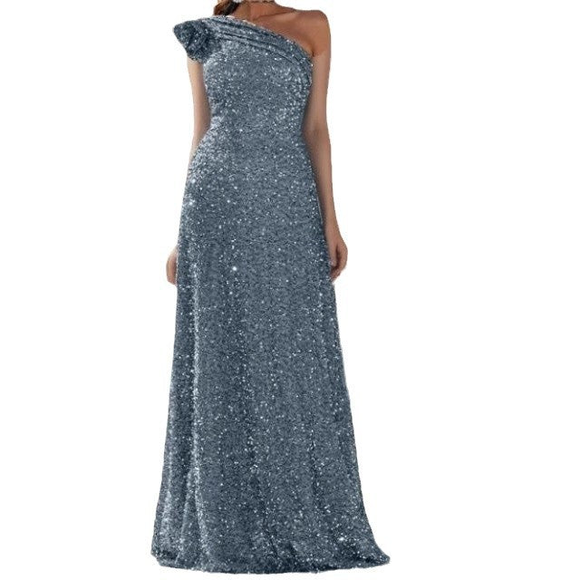 Ladies Glamorous Maxi Dress with Off-Shoulder Design and Sparkling Sequins Lisslune