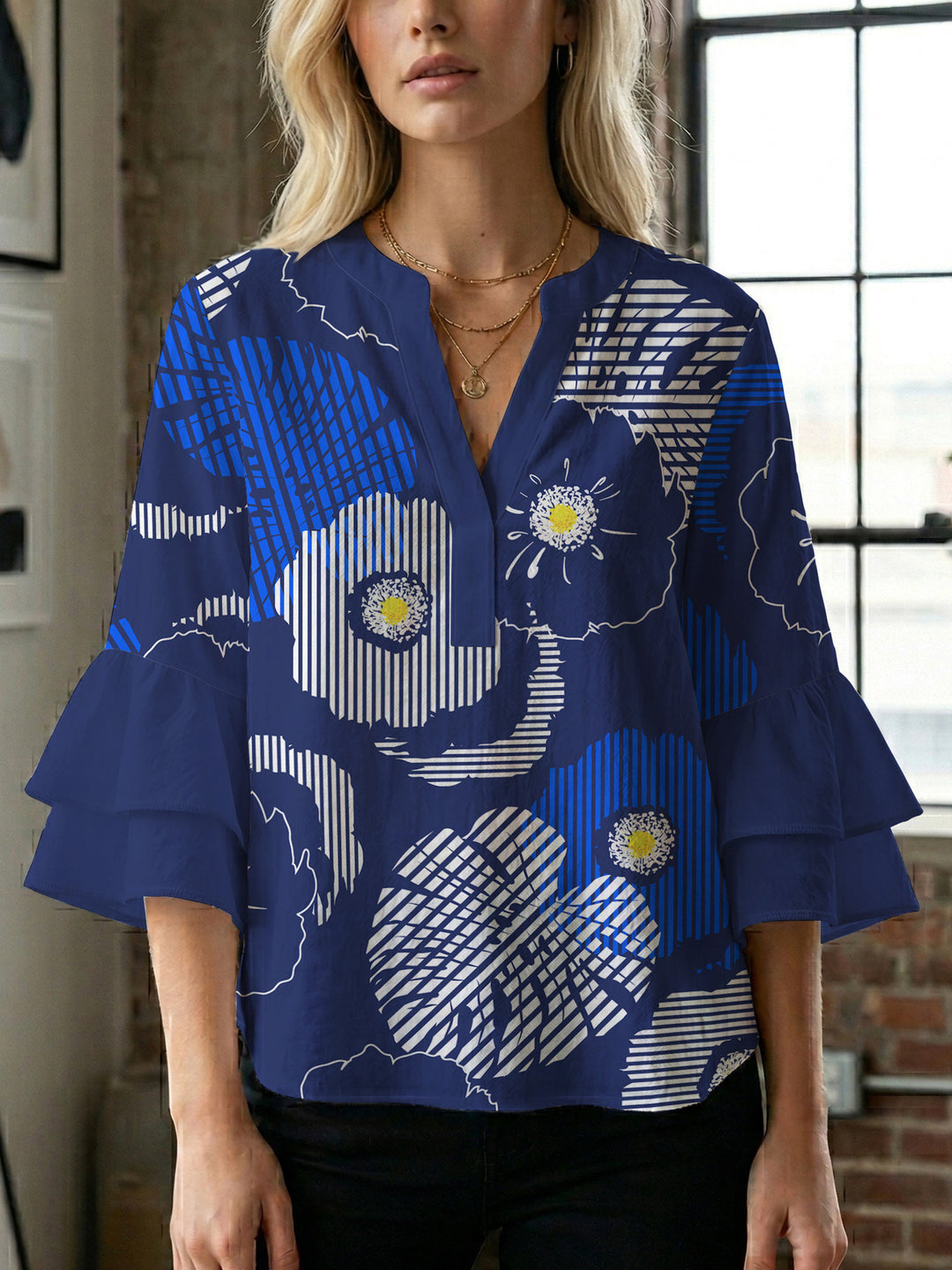 Ladies elegant blouse shirt with voluminous puff sleeves and graphic floral design Lisslune