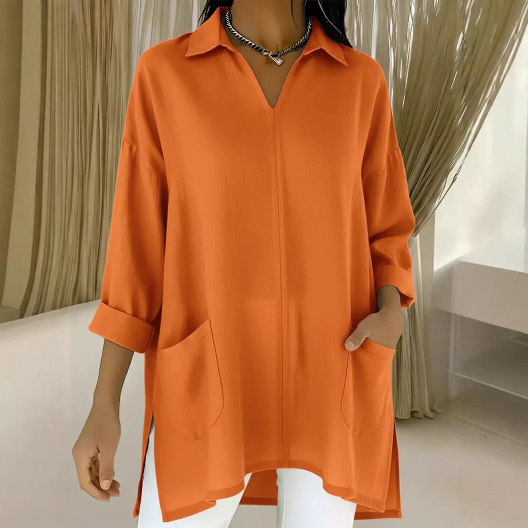 Women’s long sleeve blouse with elegant V-neck and practical pockets Lisslune