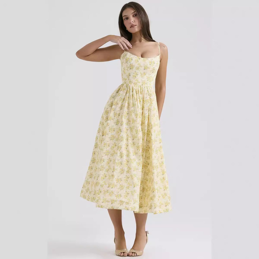 Women’s midi floral dress with strapless style and swinging skirt Lisslune