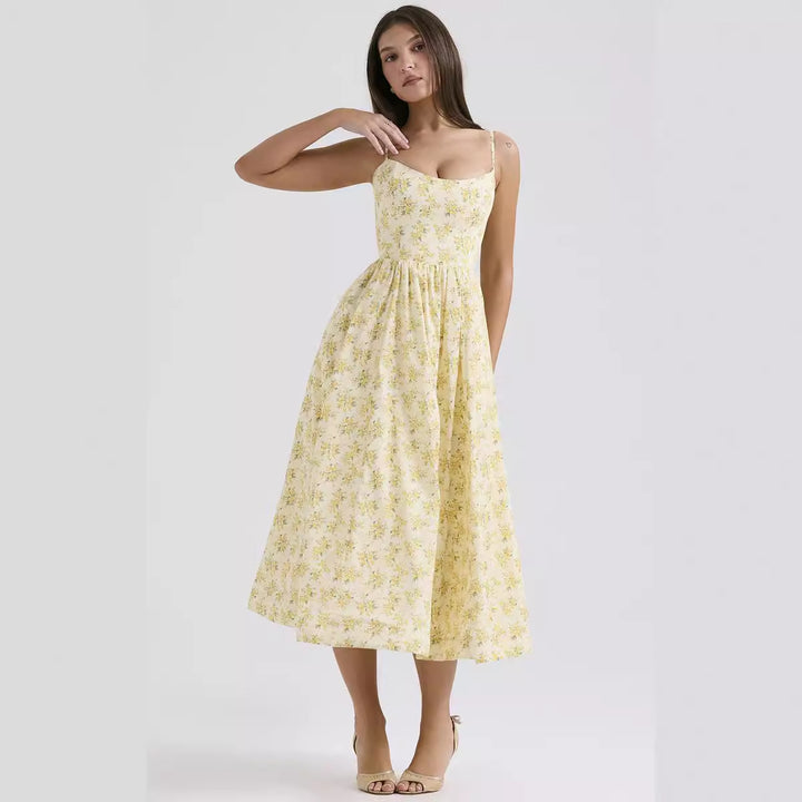 Women’s midi floral dress with strapless style and swinging skirt Lisslune