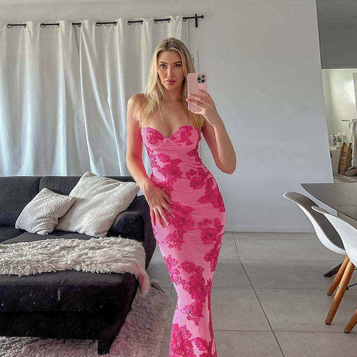 Women’s maxi dress with floral lace accents and elegant cut