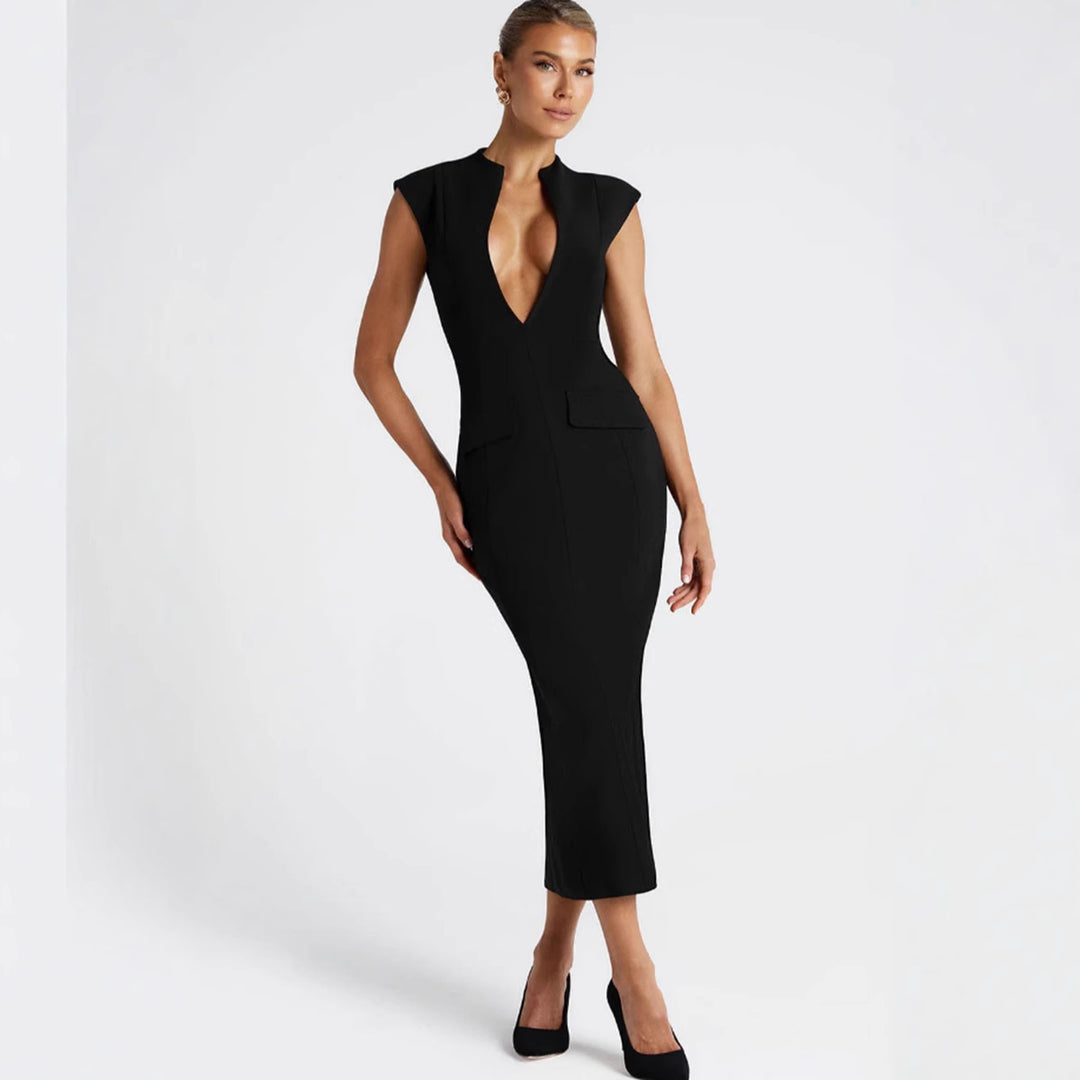 Women's elegant form-fitting dress with deep V-neck and practical pockets
