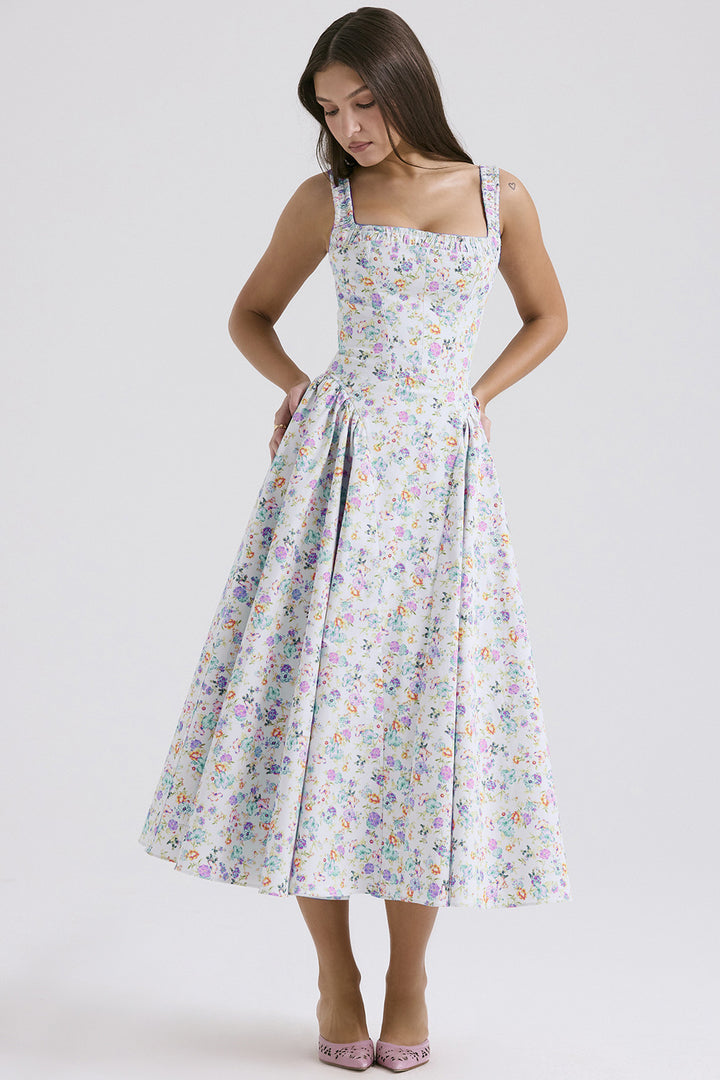 Women’s midi dress with floral pattern and flared skirt Lune London