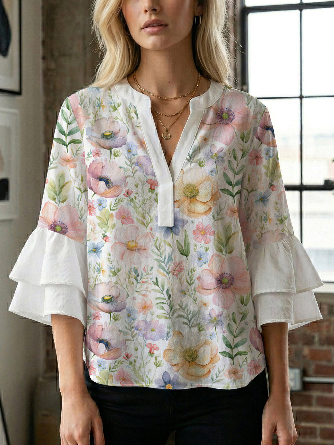 Ladies elegant top with voluminous ruffle hems and floral design Lisslune