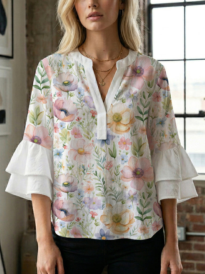 Ladies elegant top with voluminous ruffle hems and floral design Lisslune
