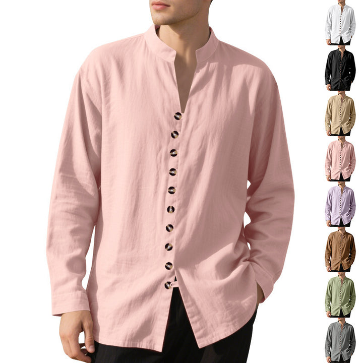 Men's casual long-sleeve shirt with elegant stand collar and chic button details Lisslune
