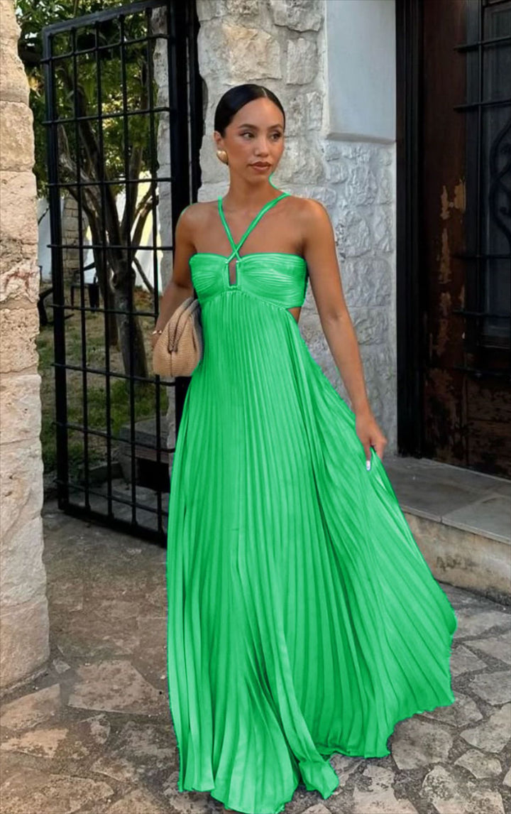 Women's pleated dress with off-the-shoulder design and refined strap details