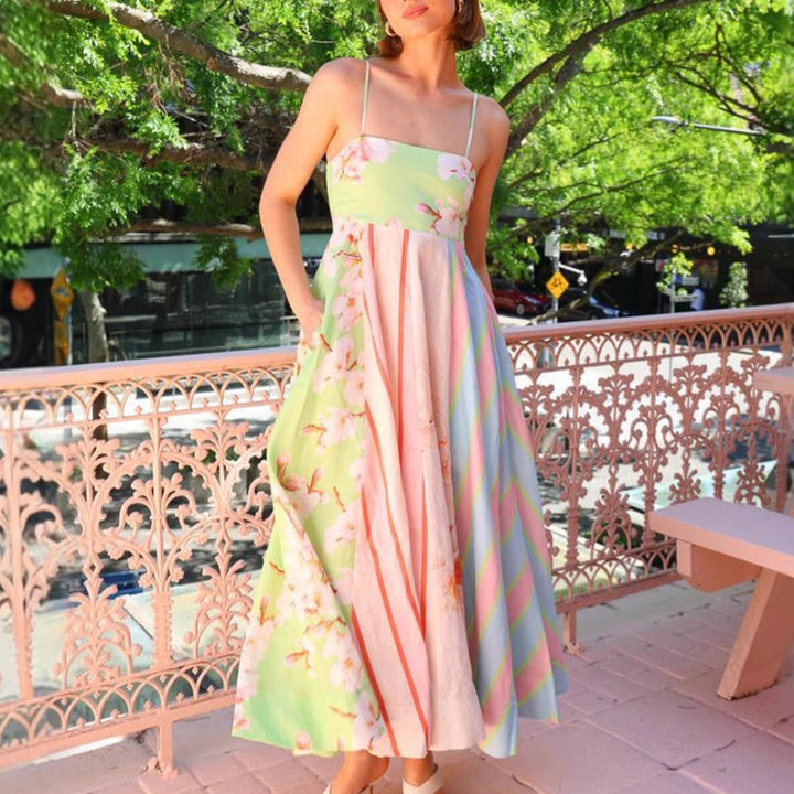 Women's maxi dress with multicolored floral design and stylish striped look