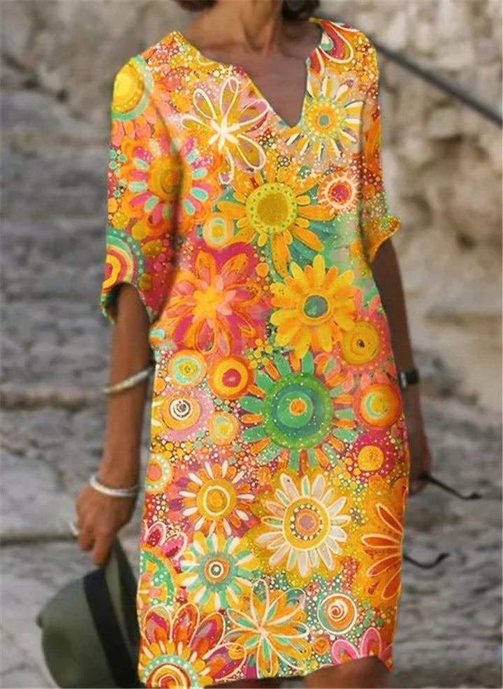 Women's casual leisure dress with floral patterns and V-neck