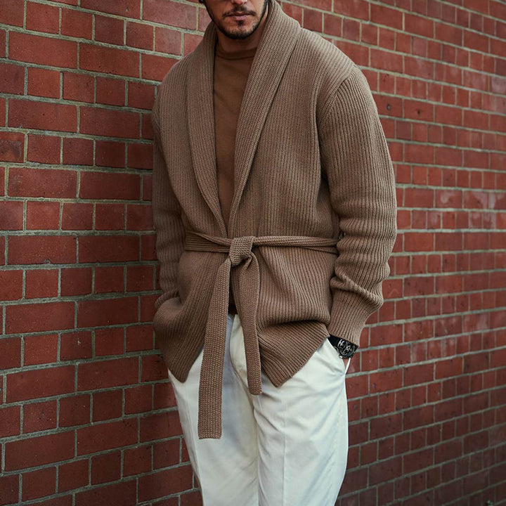 Men's stylish knit cardigan with belt and deep collar Lisslune