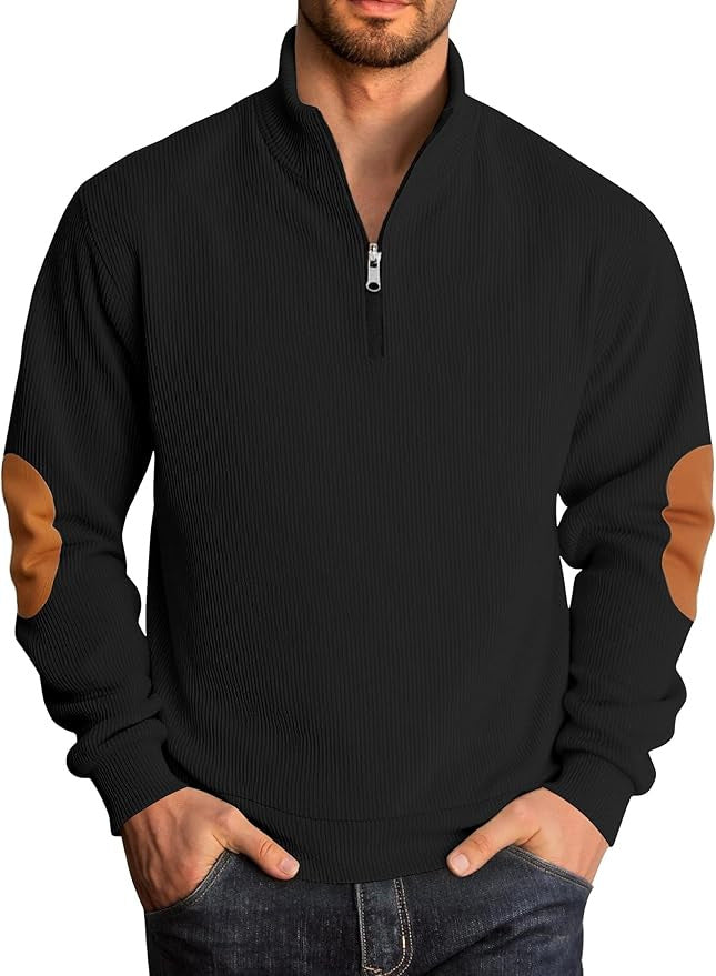 Men's knitted sweater with fashionable high collar and contrasting elbow patches Lisslune