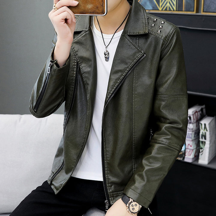 Men's fashionable synthetic leather jacket with decorative studs and zipper Lisslune
