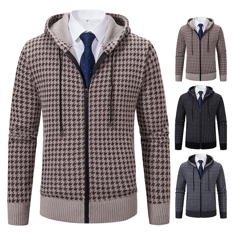 Men's comfortable knitted pullover with modern check pattern and hood Lisslune
