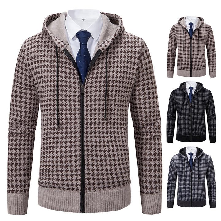 Men's comfortable knitted pullover with modern check pattern and hood Lisslune