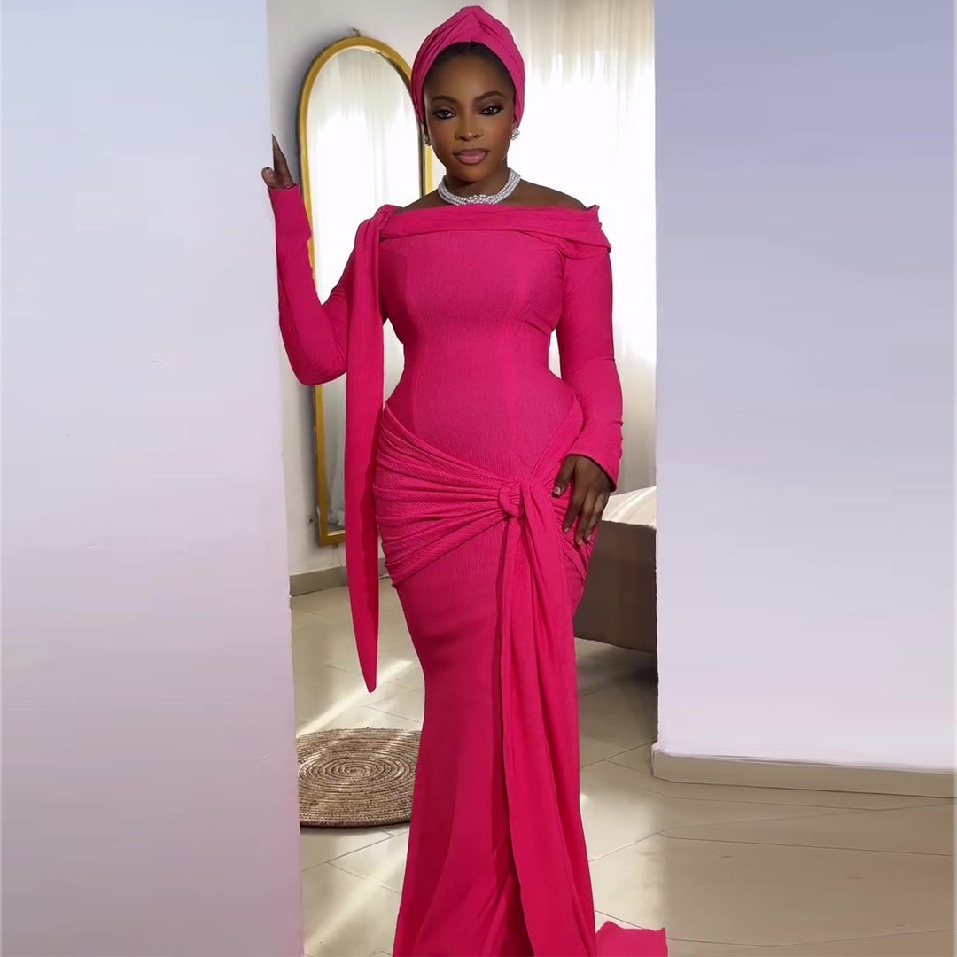 Women Elegant Long Sleeve Dress with Asymmetrical Draping and Bow Accent