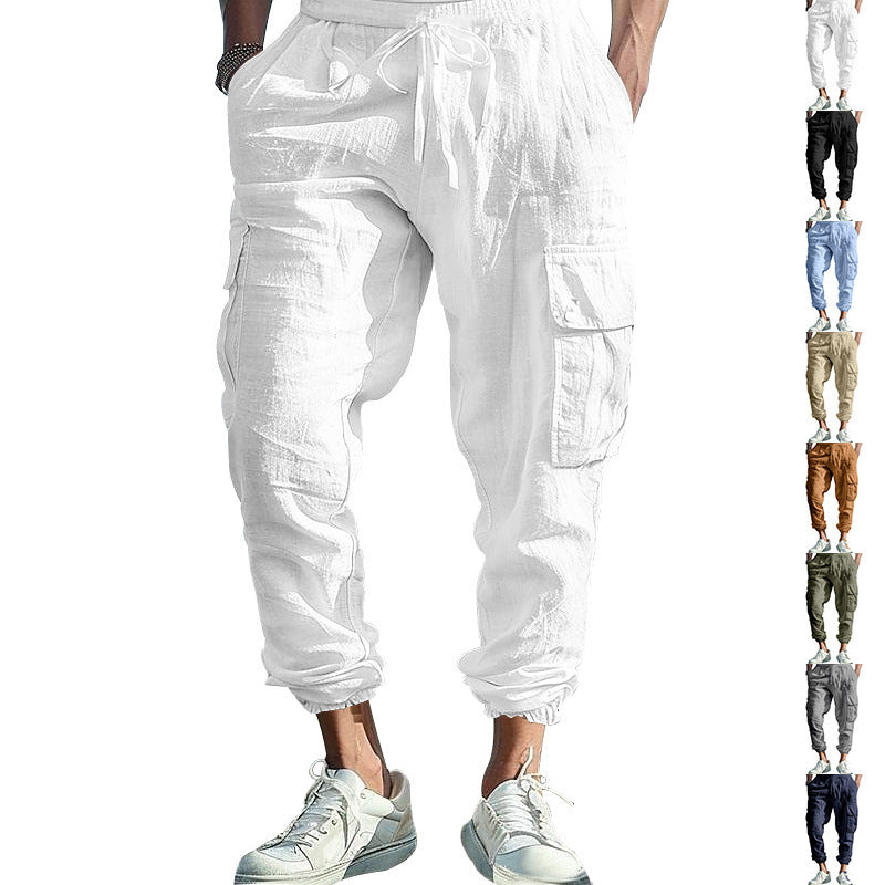Men's comfortable cargo pants made of lightweight linen material with elastic waistband and practical side pockets Lisslune