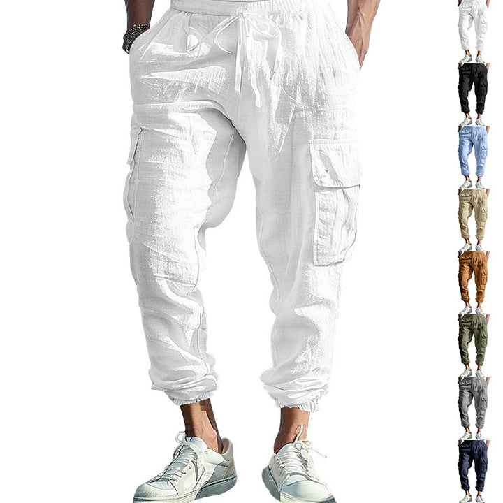 Men's comfortable cargo pants made of lightweight linen material with elastic waistband and practical side pockets Lisslune