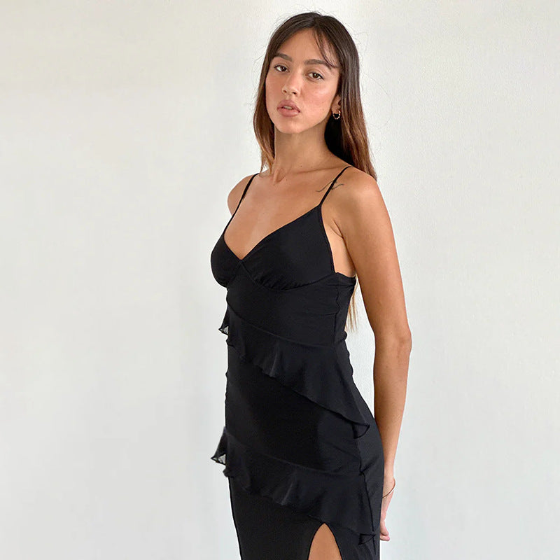 Ladies Elegant Maxi Dress with Playful Ruffle Details and Deep Slit Lune London