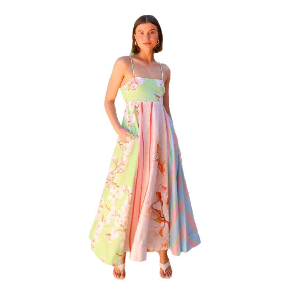 Women's maxi dress with multicolored floral design and stylish striped look