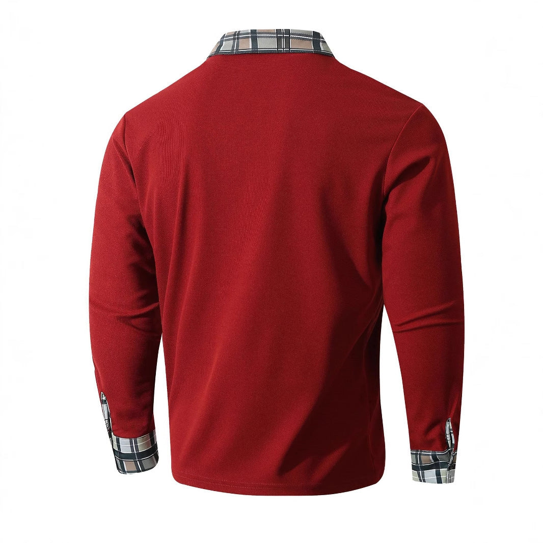 Men's Long Sleeve Polo Shirt with Stylish Check Pattern Lisslune