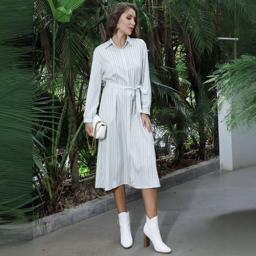 Women's shirt dress with striped design and waist belt