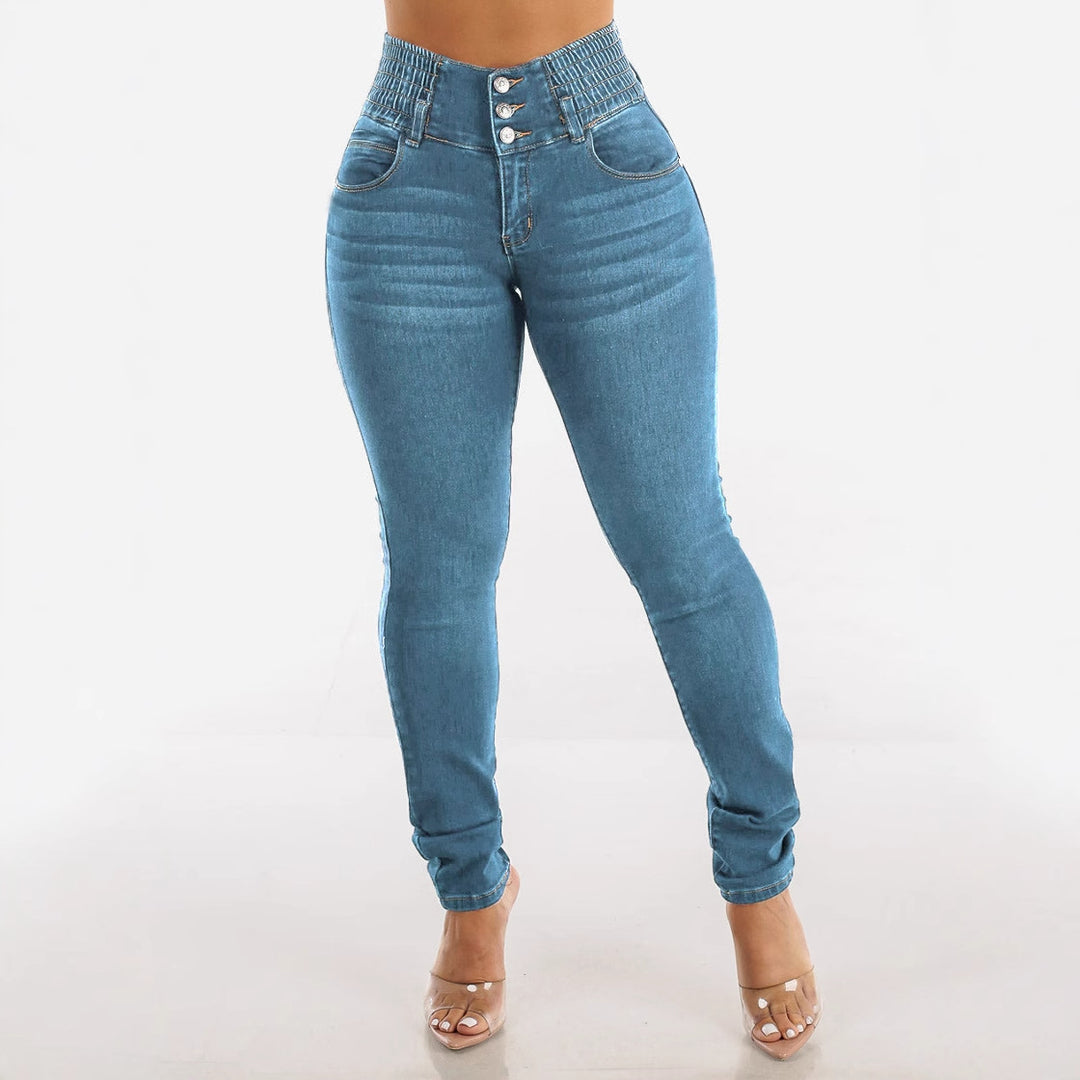 Women High-Waisted Jeans with Elastic Waistband and Button Details Lisslune