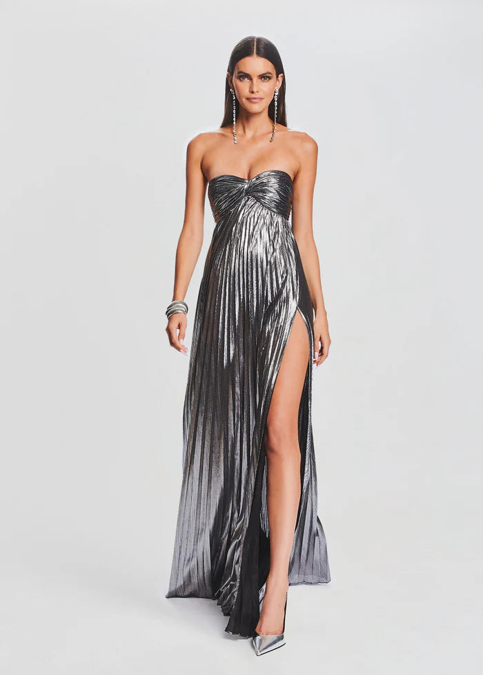 Women's evening dress with off-shoulder design and elegant slit Lune London