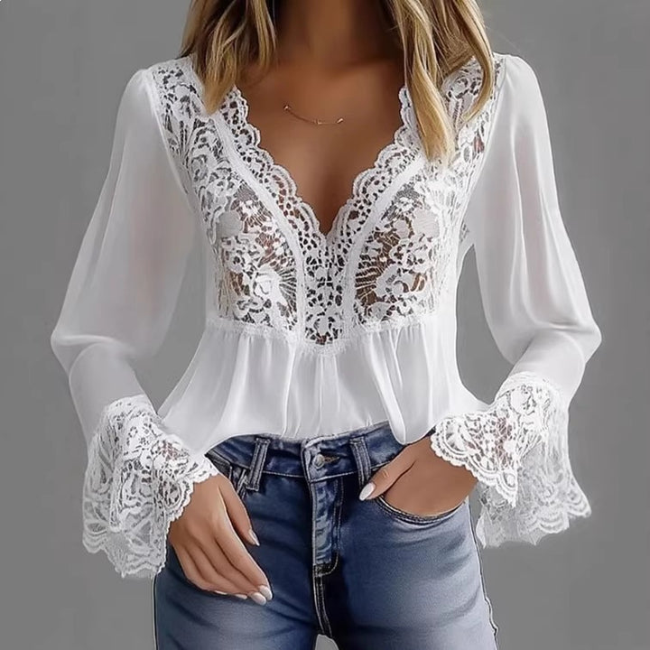 Damen elegante Bluse mit Spitzendetails und gerafftem Saum Lisslune