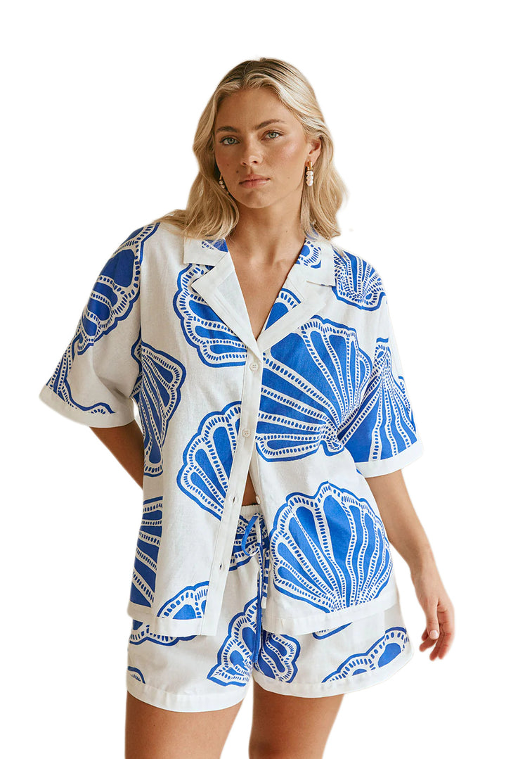 Women's Summer Short Sleeve Set with Maritime Shell Design and Loose Fit