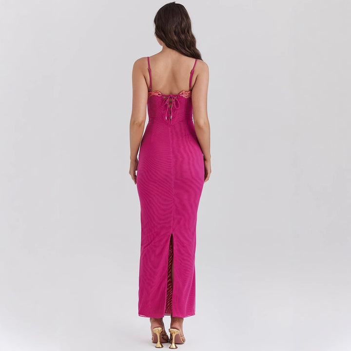 Women's fitted maxi dress with transparent hem and romantic lace accent Lisslune