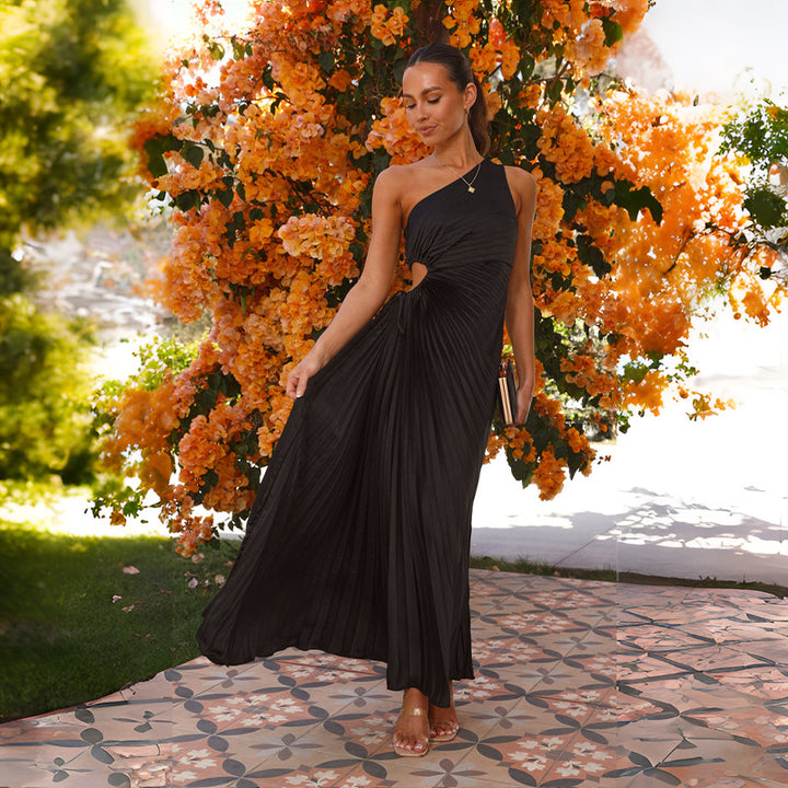 Ladies Pleated Maxi Dress with Asymmetric Neckline and Side Cut-Out Lisslune