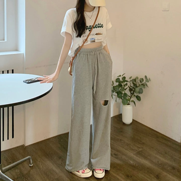 Women's casual wide-cut sweatpants with fashionable cut-out and elastic waistband