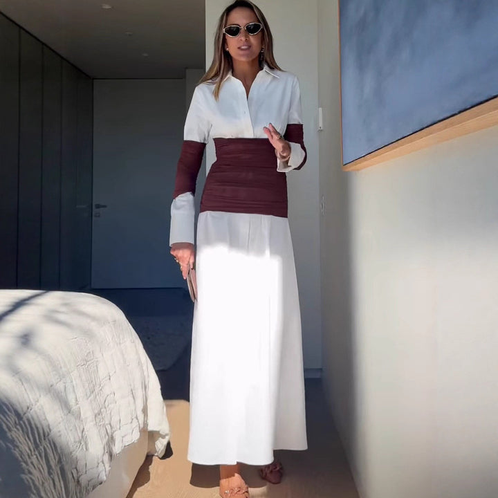Ladies maxi dress with innovative wrap design and modern contrast details Lune London