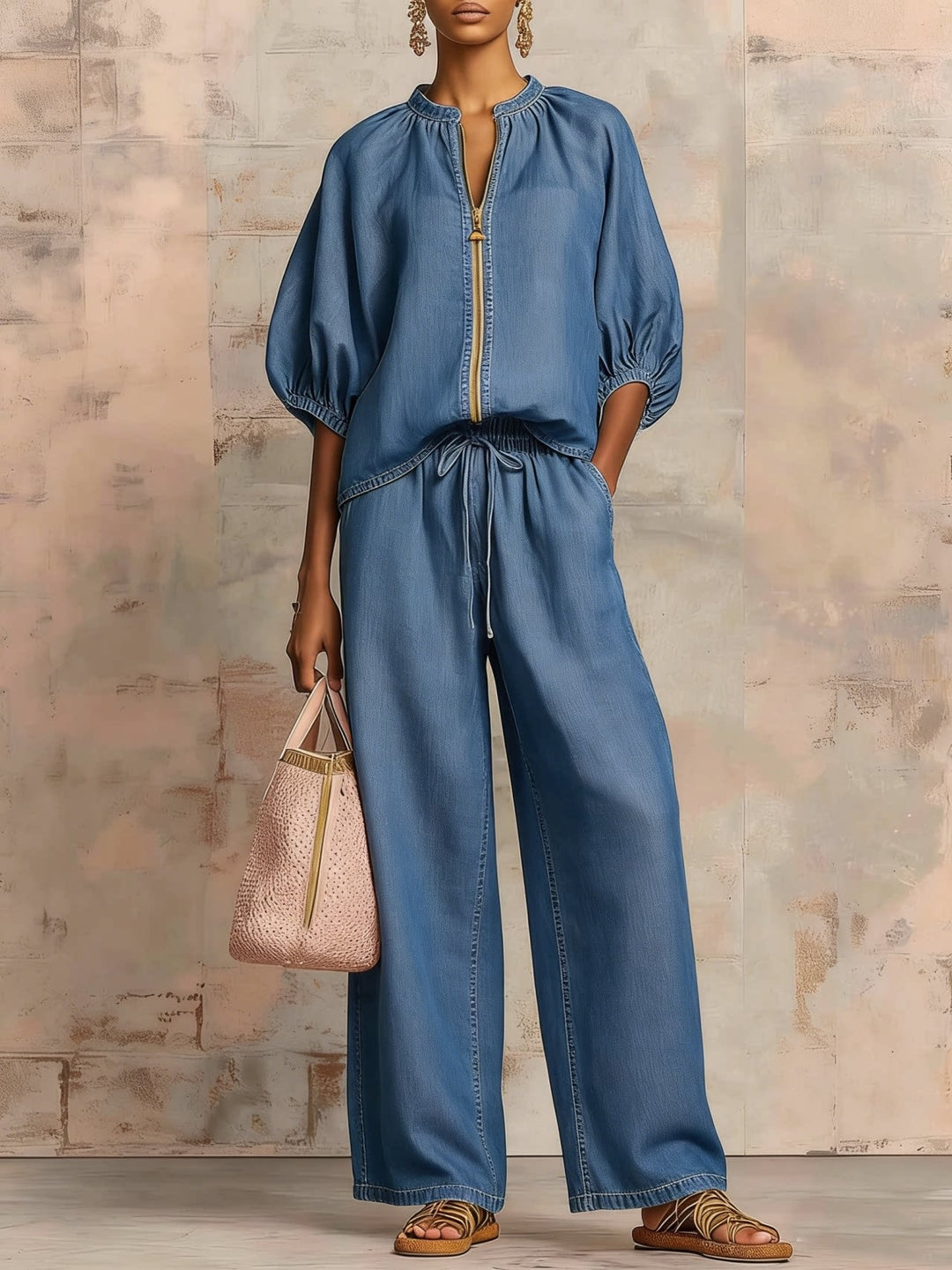 Ladies Airy Two-Piece with Modern Collar and Zipper Lisslune
