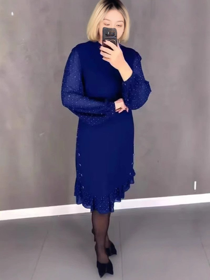 Ladies Elegant Dress with Voluminous Sleeves and Cut-Out Hem Lisslune