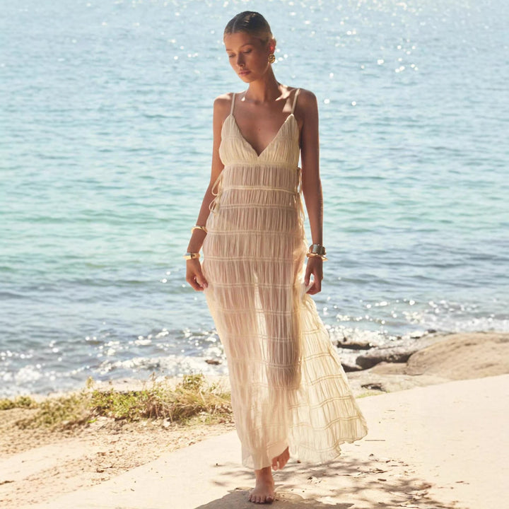 Women’s maxi dress with sophisticated ruffle design and deep V-neck