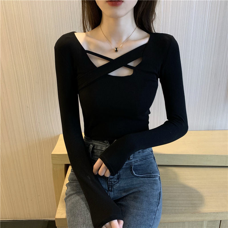 Women's Long Sleeve Bodysuit with Modern Cross Design in the Neckline