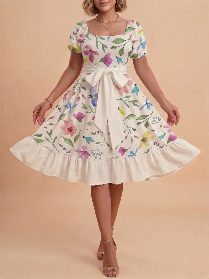 Women's floral dress with adjustable belt and voluminous sleeves Lisslune