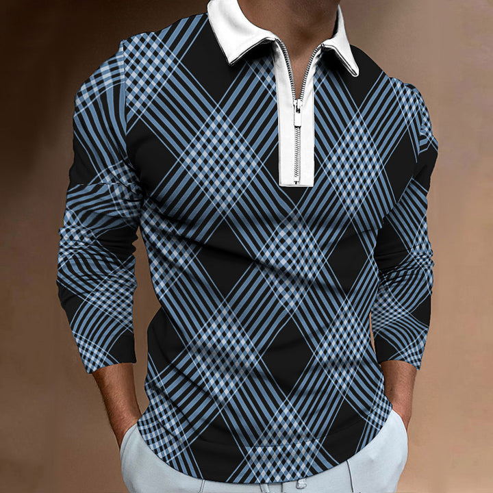 Men's long-sleeve polo shirt with fashionable check pattern and elegant zipper Lisslune